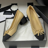 Women's Beige Lambskin Chain Bow Mid-Heel Pumps G46663