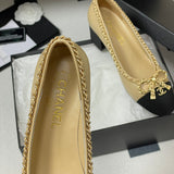 Women's Beige Lambskin Chain Bow Mid-Heel Pumps G46663