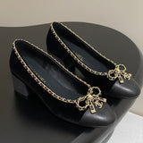 Women's Black Velvet Lambskin and Patent Leather Patchwork Chain Block Heel Pumps| G47203