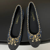 Women's Navy Denim Diamond Quilted Print Double C Patch Toe Ballet Flats| G26250
