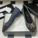 Women's Navy Denim Diamond Quilted Print Double C Patch Toe Ballet Flats| G26250