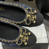 Women's Navy Denim Diamond Quilted Print Double C Patch Toe Ballet Flats| G26250