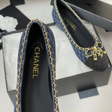 Women's Navy Denim Diamond Quilted Print Double C Patch Toe Ballet Flats| G26250