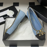 Women's Light Blue Denim Diamond Quilting Chain Bow Ballet Flats |G02819