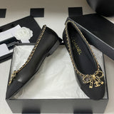 Women's Sheepskin and Patent Leather Patchwork Ballet Flats with Chain Detail in Black| G46663