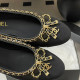 Women's Sheepskin and Patent Leather Patchwork Ballet Flats with Chain Detail in Black| G46663