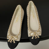 Women's Light Apricot & Black Chain Bow Ballet Flats G02819