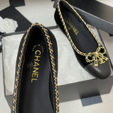 Women's Black Sheepskin and Patent Leather Two-Tone Chain Bow Flat Ballet Flats G02819