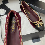 Women's Burgundy Velvet Leather Chain Bow Two-Tone Ballet Flats |G26250