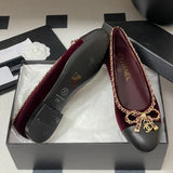 Women's Burgundy Velvet Leather Chain Bow Two-Tone Ballet Flats |G26250
