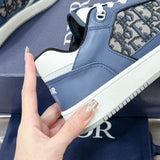 B27 Men's Low-Top Sneakers Blue, Cream White, and Gray Smooth Cowhide Leather with Beige and Black Oblique Print Fabric |3SN272ZIR_H568