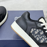 B27 Men's Low-Top Sneakers Black Smooth Cowhide Leather with Beige and Black Oblique Jacquard |3SN272ZIR_H965