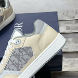 B27 Men's Low-Top Sneakers in Gray and White Smooth Calf Leather with Beige and Black  Oblique Jacquard Fabric |3SN272ZIR_H165