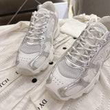 Women's Chrono Sneakers White Mesh Fabric with Silver and White Laminated Leather Effect Panels| KCK473TXX_S46W