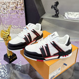 Men's Trainer Sneakers in White, Black, and Red Color Blocking Grain Calfskin| 1AD7JW