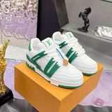 Couple's Trainer Sneakers in White and Green Grained Calfskin (Men's)| 1AJ326