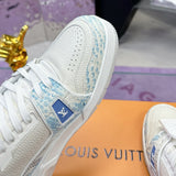 Men's Trainer Sneakers in White and Blue Grained Calfskin with Patchwork Design |1A8AI1
